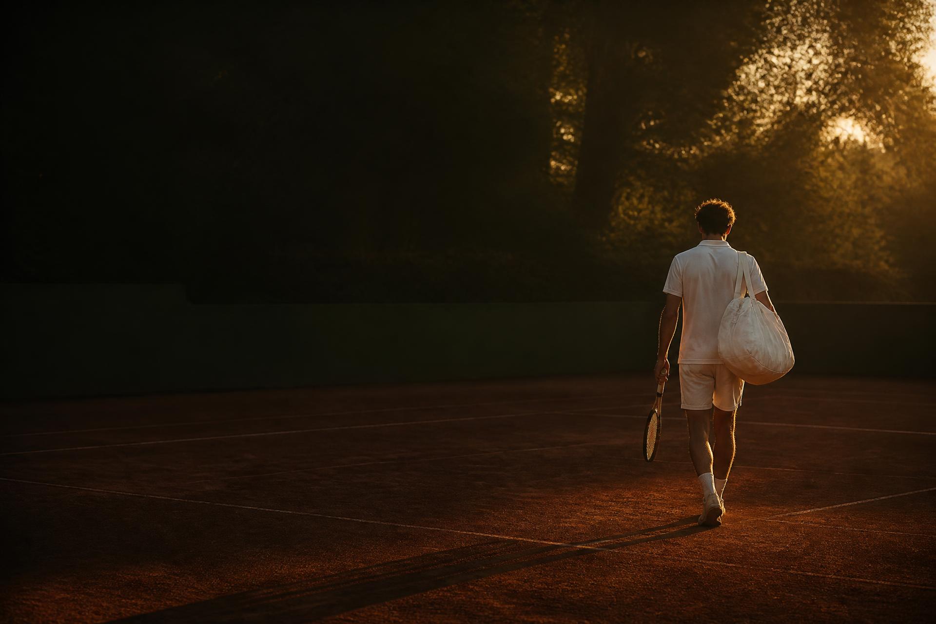 Tennis player in white walking off a clay court in warm evening light