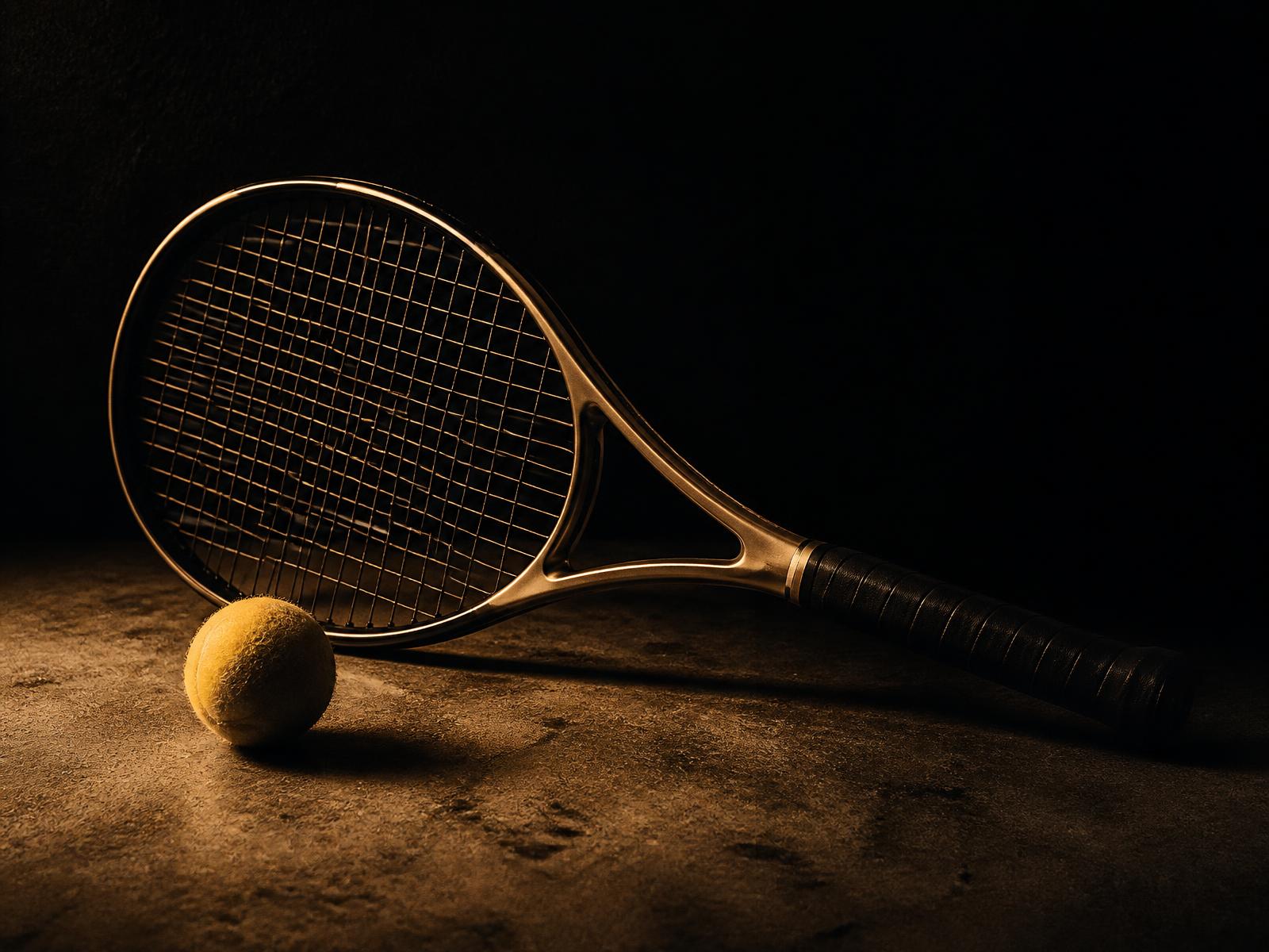 Tennis racquet and ball resting on dark concrete in warm low light